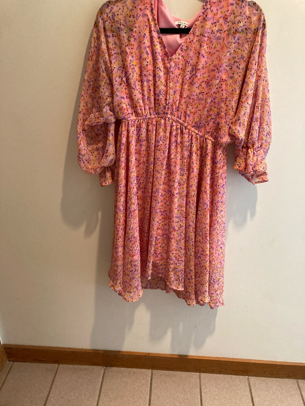 Pink Floral V-Neck Smocked Waist Dress large by White Birch